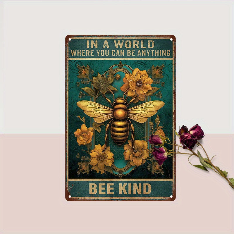 One piece of an original aluminum sign measuring 8x12 inches (20x30cm) featuring floral art posters of bees, perfect for hanging on the wall as a unique metal tin sign.