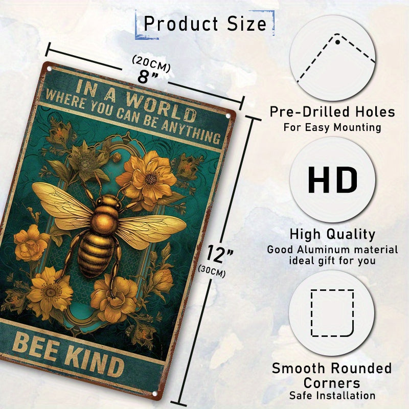 One piece of an original aluminum sign measuring 8x12 inches (20x30cm) featuring floral art posters of bees, perfect for hanging on the wall as a unique metal tin sign.