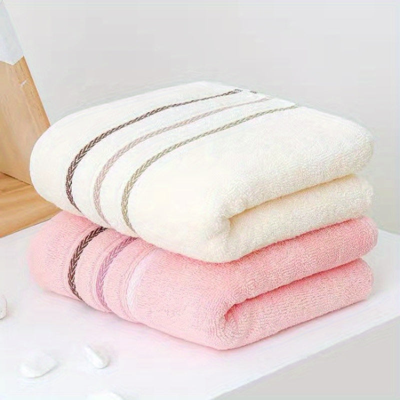 2 Soft Cotton Face Towels: Absorbent & Skin-Friendly, Striped Design, Reinforced Edges, 32.99cm x 72.01cm, Modern Style, Pink & Blue Shades, Bathroom Essentials, Plush Cotton Towels.