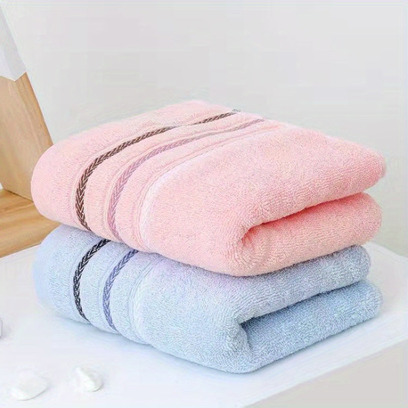 2 Soft Cotton Face Towels: Absorbent & Skin-Friendly, Striped Design, Reinforced Edges, 32.99cm x 72.01cm, Modern Style, Pink & Blue Shades, Bathroom Essentials, Plush Cotton Towels.