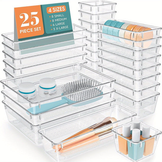 25-piece clear plastic organizer set in 4 sizes for cosmetics, office supplies, and tableware.