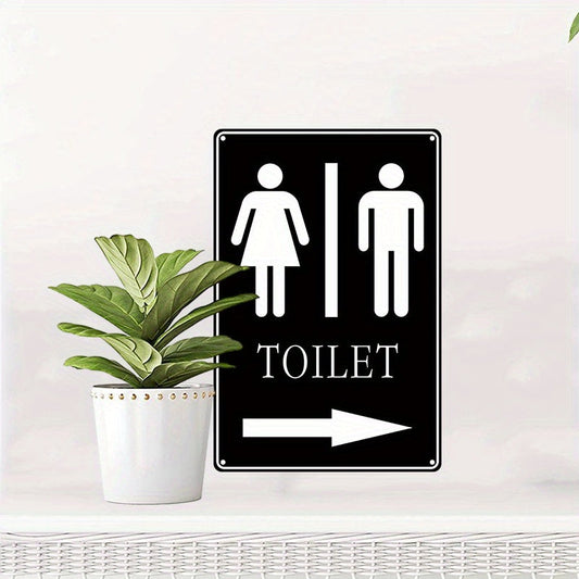 Vintage wall decor aluminum sign measuring 8x12 inches (20x30cm) featuring the universal Unisex Braille bathroom restroom symbol with a right arrow.