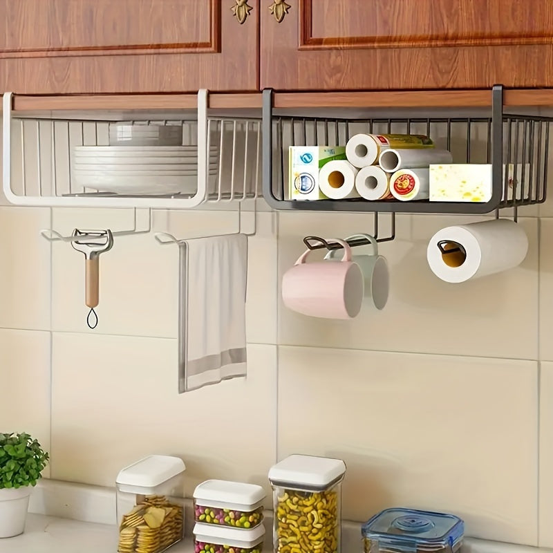 Creative hanging basket rack with paper roll rod for multi-purpose storage under desk.