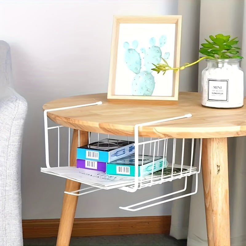 Creative hanging basket rack with paper roll rod for multi-purpose storage under desk.