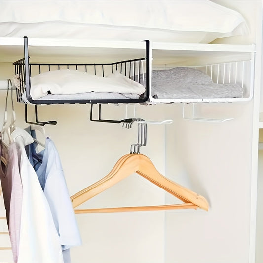 Creative hanging basket rack with paper roll rod for multi-purpose storage under desk.