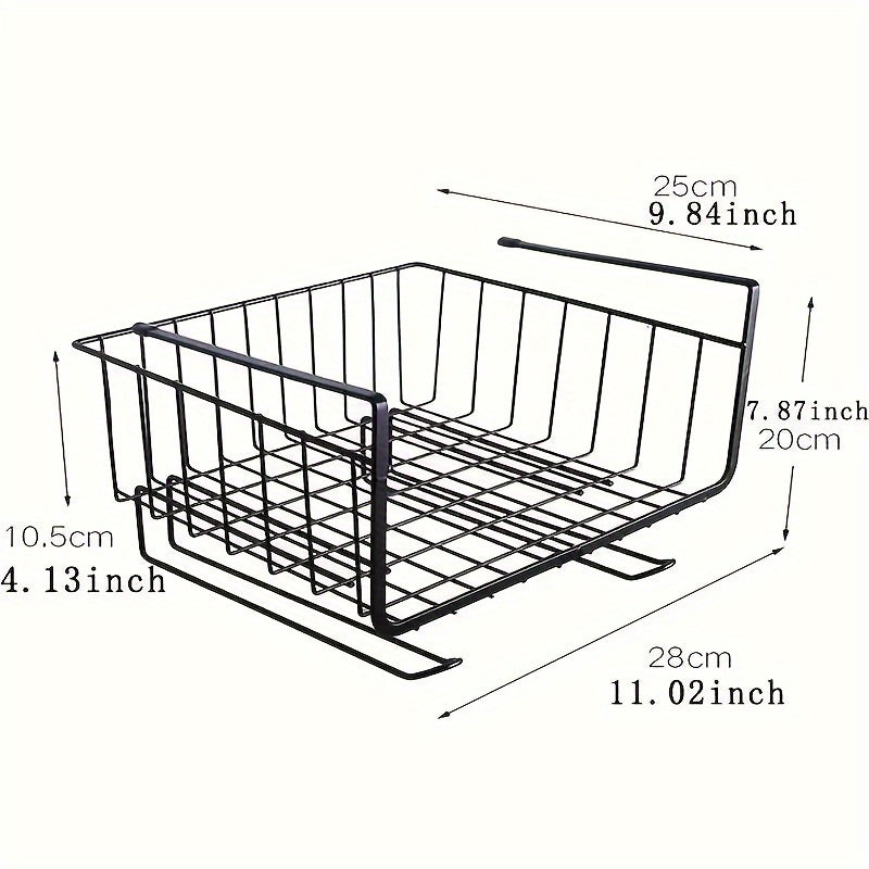 Creative hanging basket rack with paper roll rod for multi-purpose storage under desk.