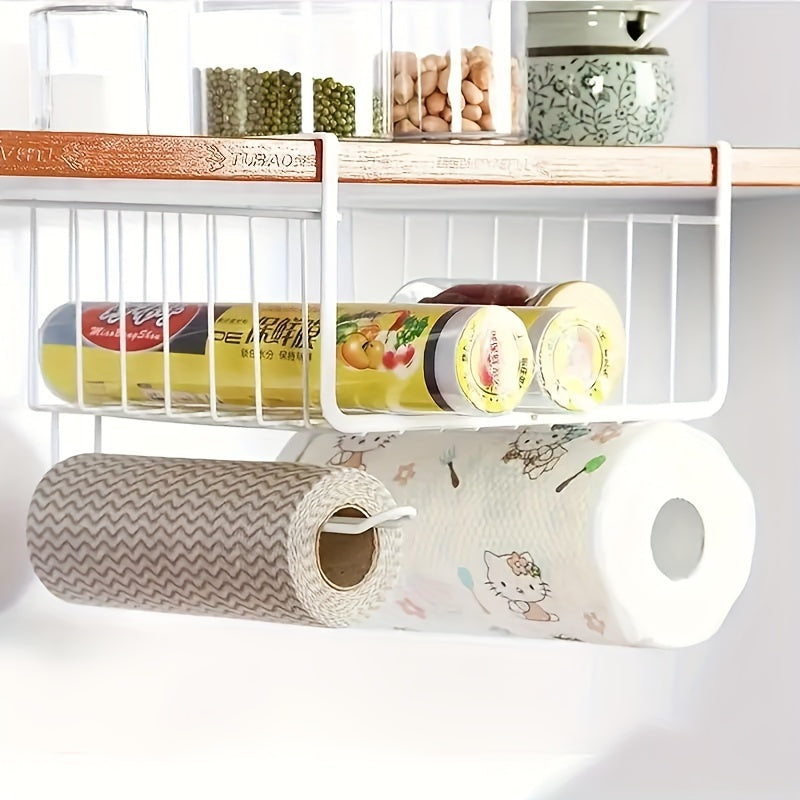 Creative hanging basket rack with paper roll rod for multi-purpose storage under desk.