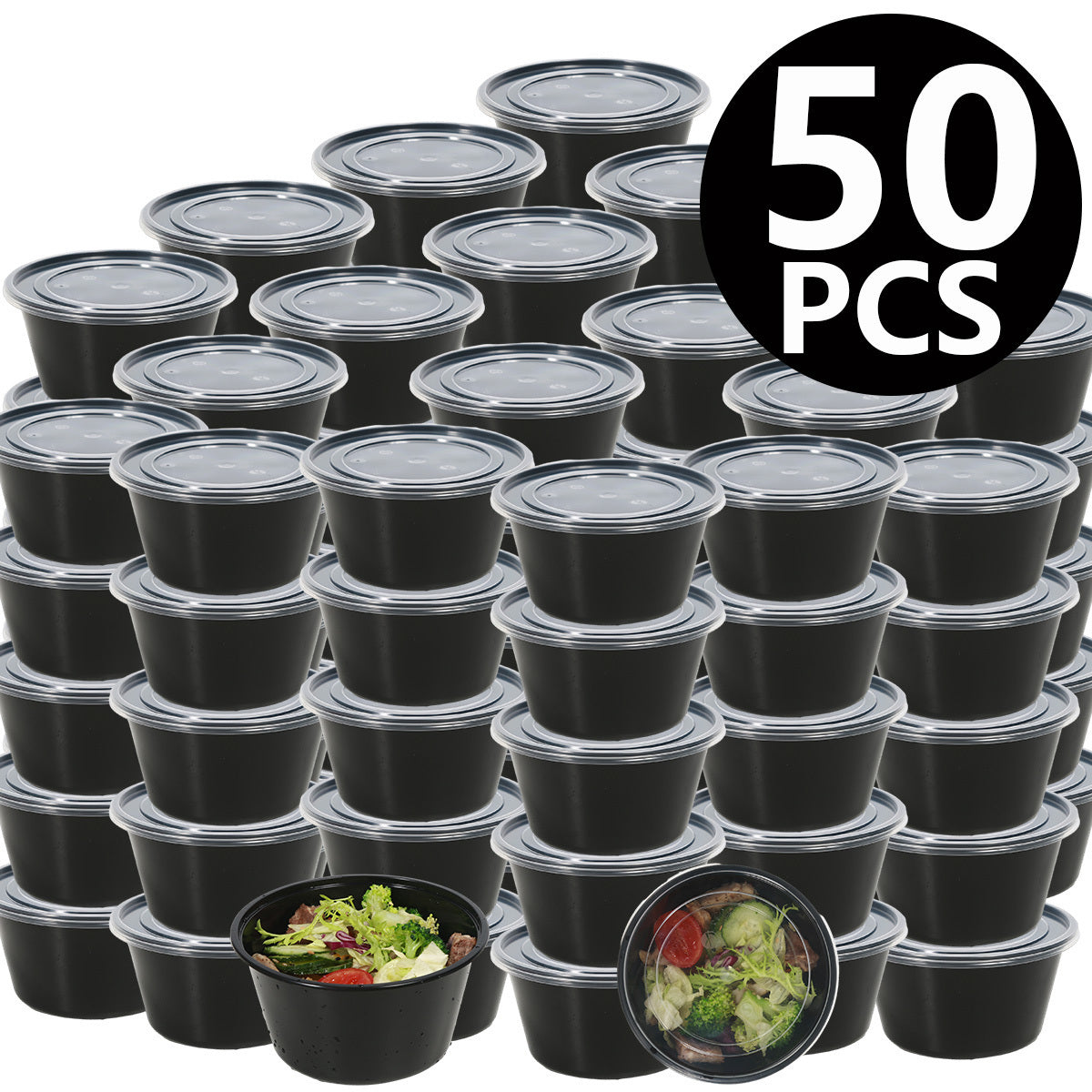 50 pieces of Meal Prep Containers with lids, made of plastic and having a capacity of 450ml/15.2oz. These containers can be used as To Go containers, Disposable Lunch Boxes, Bento Boxes, and are a handy kitchen accessory.