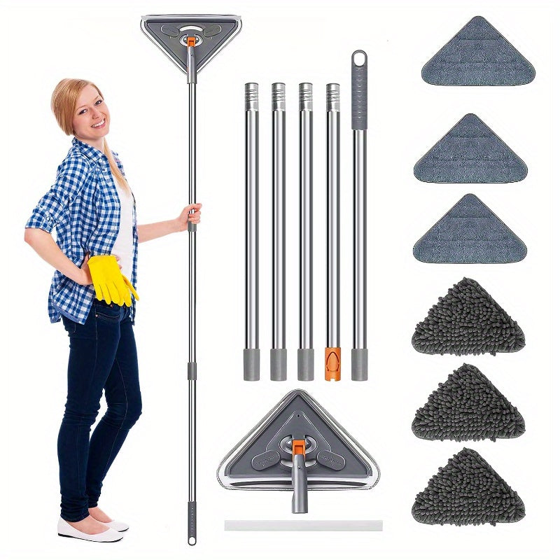 Extendable wall cleaning mop with 360° rotatable long handle measuring 215.9cm - comes with 6 microfiber pads for cleaning ceilings, windows, and floors in the bedroom, bathroom, and living room.