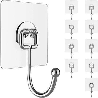 10 heavy-duty adhesive hooks for hanging heavy items, ideal for bathroom, kitchen, and home use, punch-free, traceless, waterproof, and rustproof.