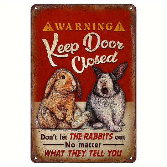 Caution Metal Tin Sign: Please Keep Door Closed - Avoid Letting the Rabbits Out! Vintage Easter Bunny Tin Sign Adds a Touch of Humor to Your Wall Decor. Perfect for Home, Bar, Cafe, Restaurant, Shop, Garage, Kitchen, Gym, Boxing Club, or Fitness Club.