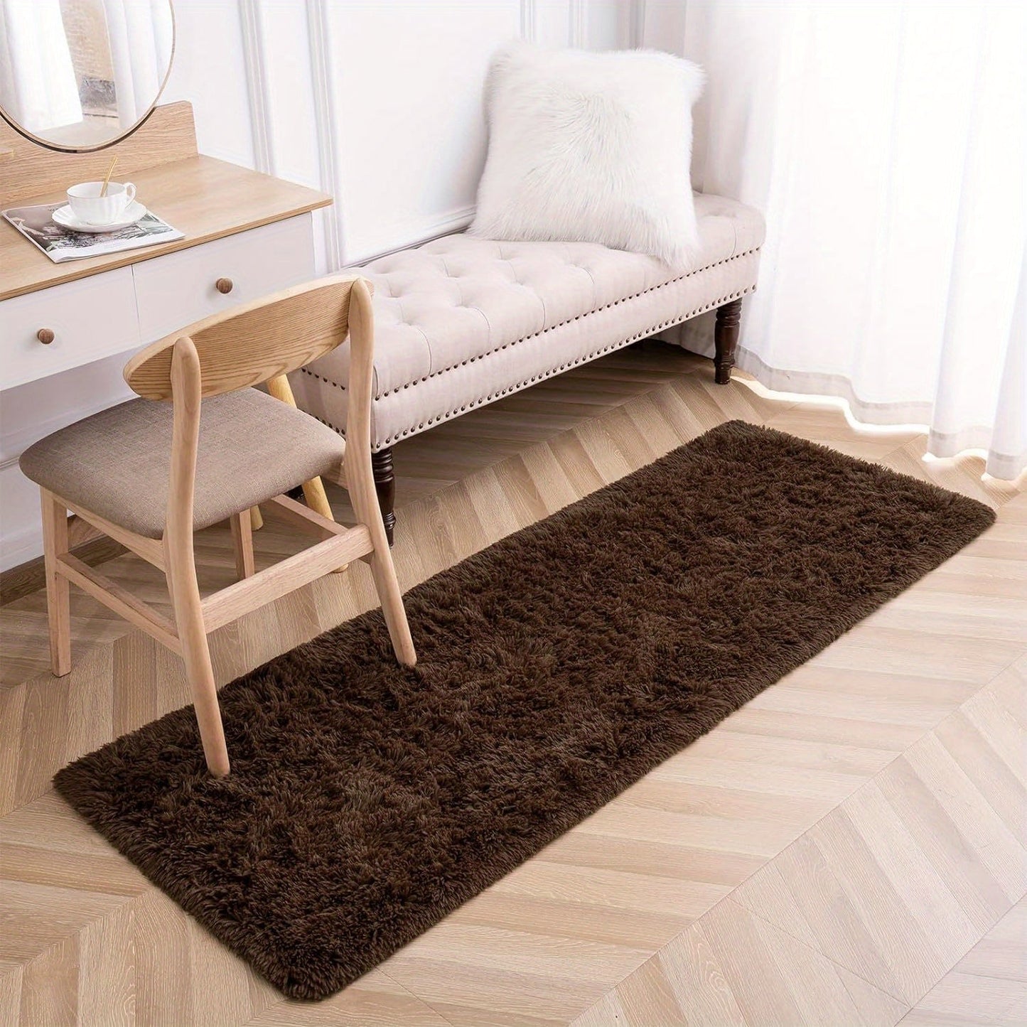 Soft and fluffy long plush silk fleece material carpet rug, featuring a Nordic style light luxury tie-dye design. This rectangle floor carpet has a non-slip bottom and is soft and comfortable with a non-shedding shaggy texture. It is stylish, machine