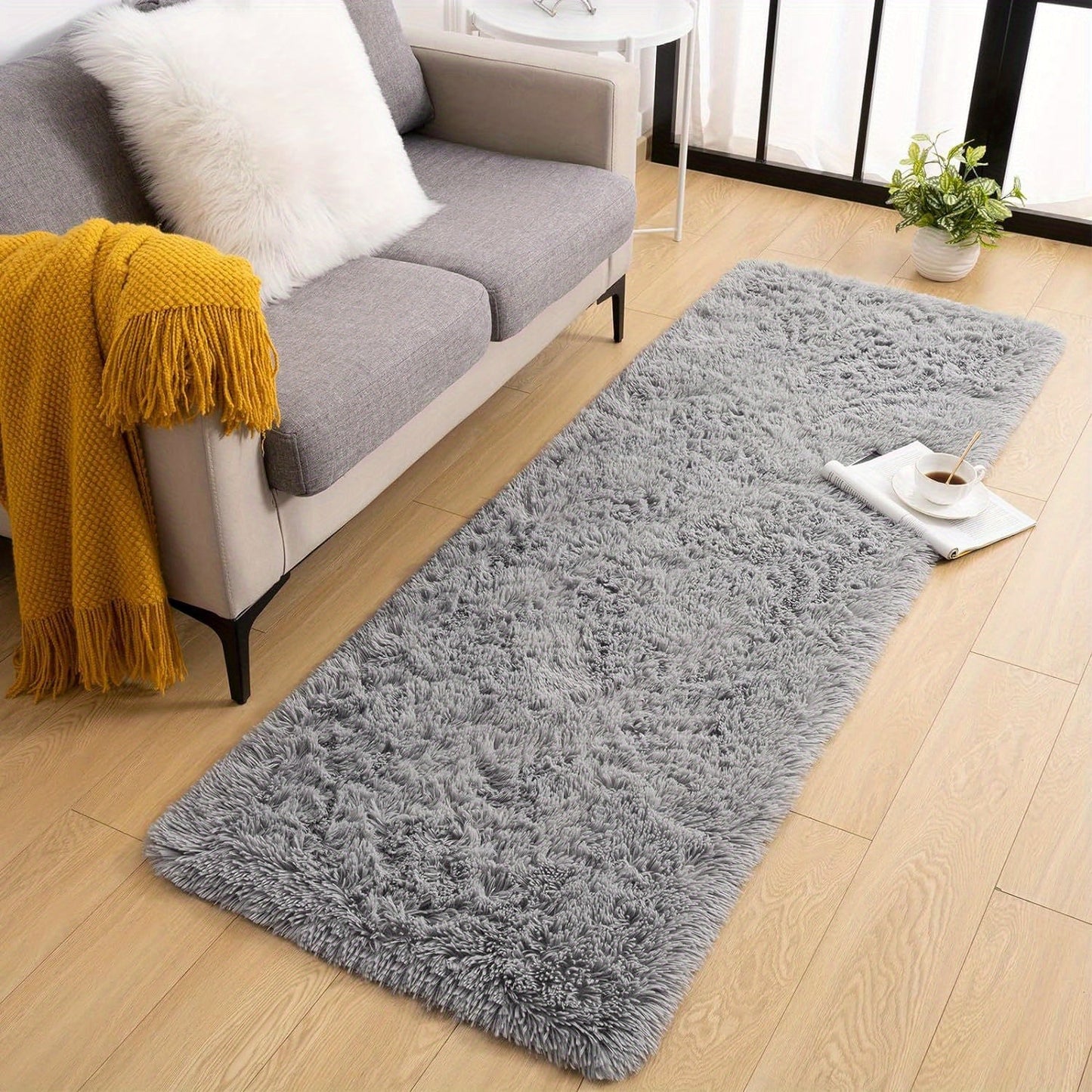 Soft and fluffy long plush silk fleece material carpet rug, featuring a Nordic style light luxury tie-dye design. This rectangle floor carpet has a non-slip bottom and is soft and comfortable with a non-shedding shaggy texture. It is stylish, machine