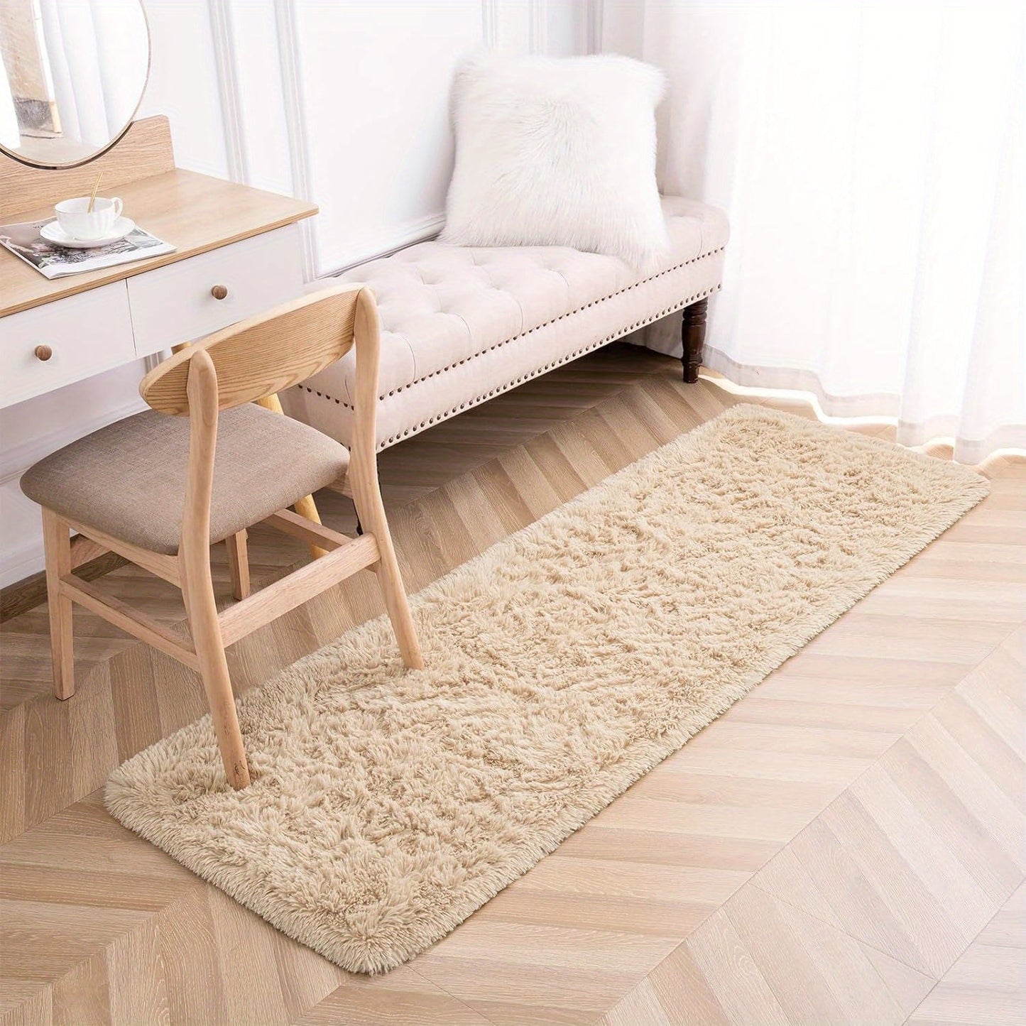 Soft and fluffy long plush silk fleece material carpet rug, featuring a Nordic style light luxury tie-dye design. This rectangle floor carpet has a non-slip bottom and is soft and comfortable with a non-shedding shaggy texture. It is stylish, machine