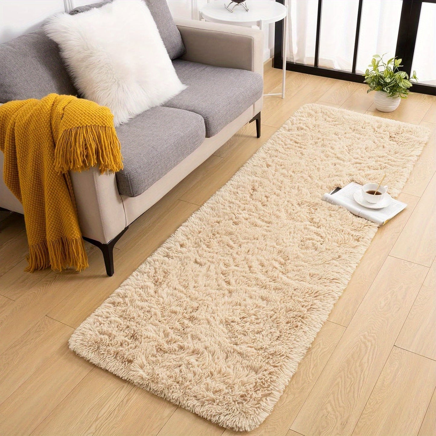 Soft and fluffy long plush silk fleece material carpet rug, featuring a Nordic style light luxury tie-dye design. This rectangle floor carpet has a non-slip bottom and is soft and comfortable with a non-shedding shaggy texture. It is stylish, machine