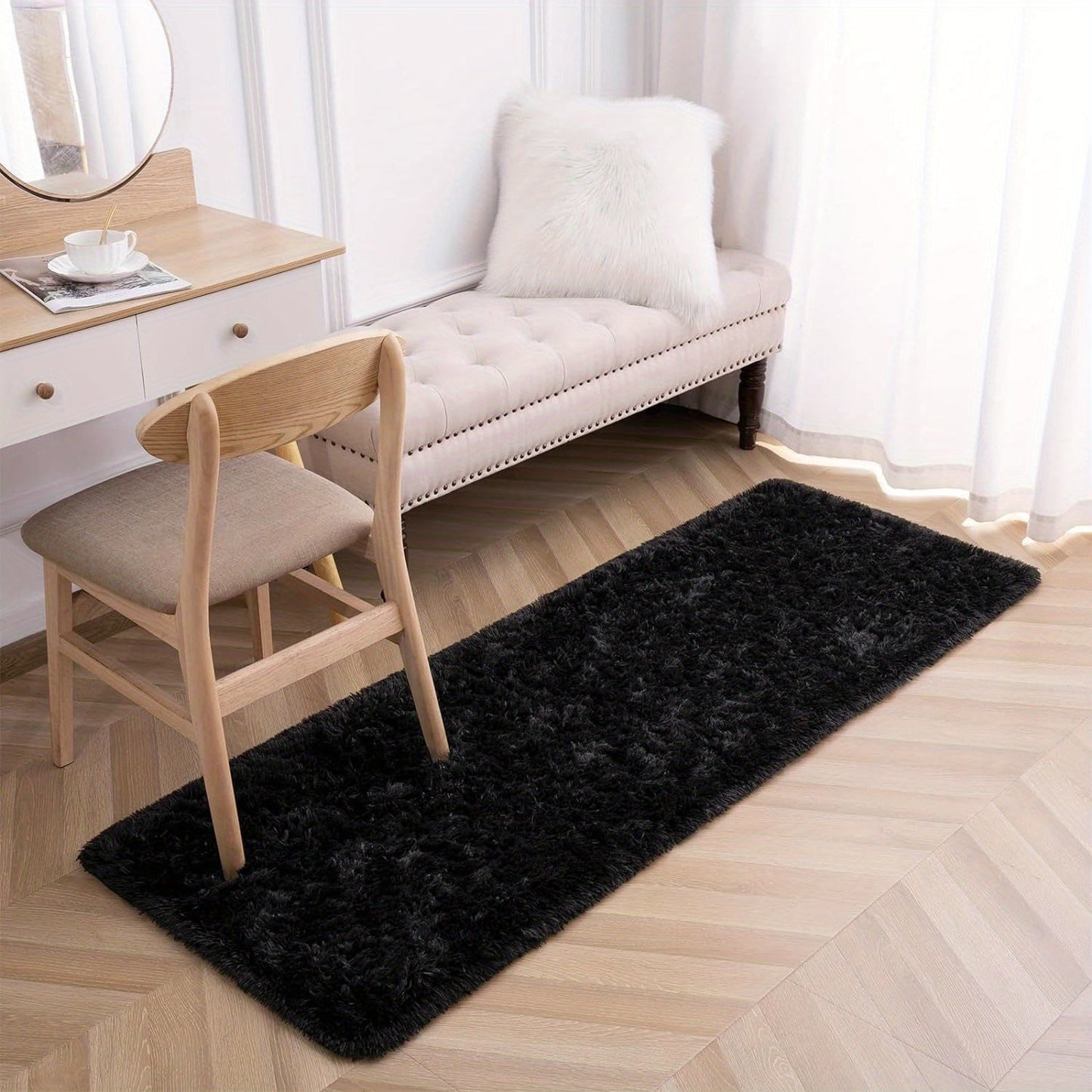 Soft and fluffy long plush silk fleece material carpet rug, featuring a Nordic style light luxury tie-dye design. This rectangle floor carpet has a non-slip bottom and is soft and comfortable with a non-shedding shaggy texture. It is stylish, machine