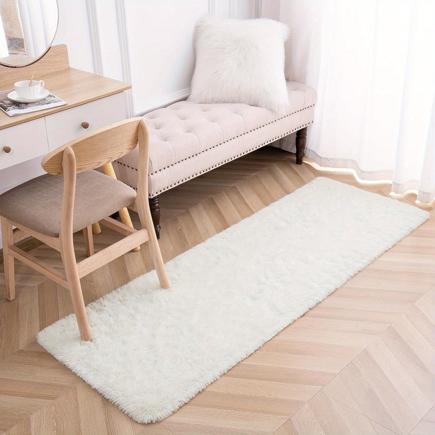 Soft and fluffy long plush silk fleece material carpet rug, featuring a Nordic style light luxury tie-dye design. This rectangle floor carpet has a non-slip bottom and is soft and comfortable with a non-shedding shaggy texture. It is stylish, machine