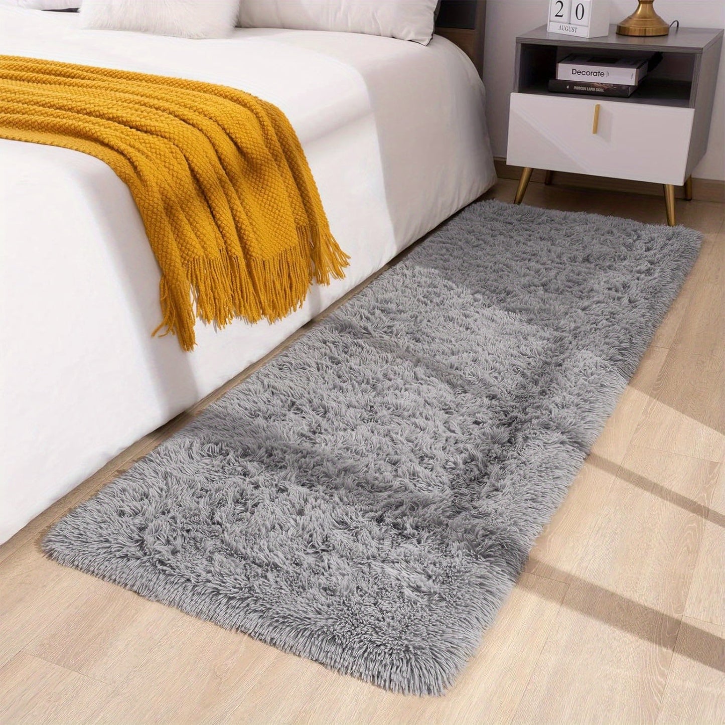 Soft and fluffy long plush silk fleece material carpet rug, featuring a Nordic style light luxury tie-dye design. This rectangle floor carpet has a non-slip bottom and is soft and comfortable with a non-shedding shaggy texture. It is stylish, machine