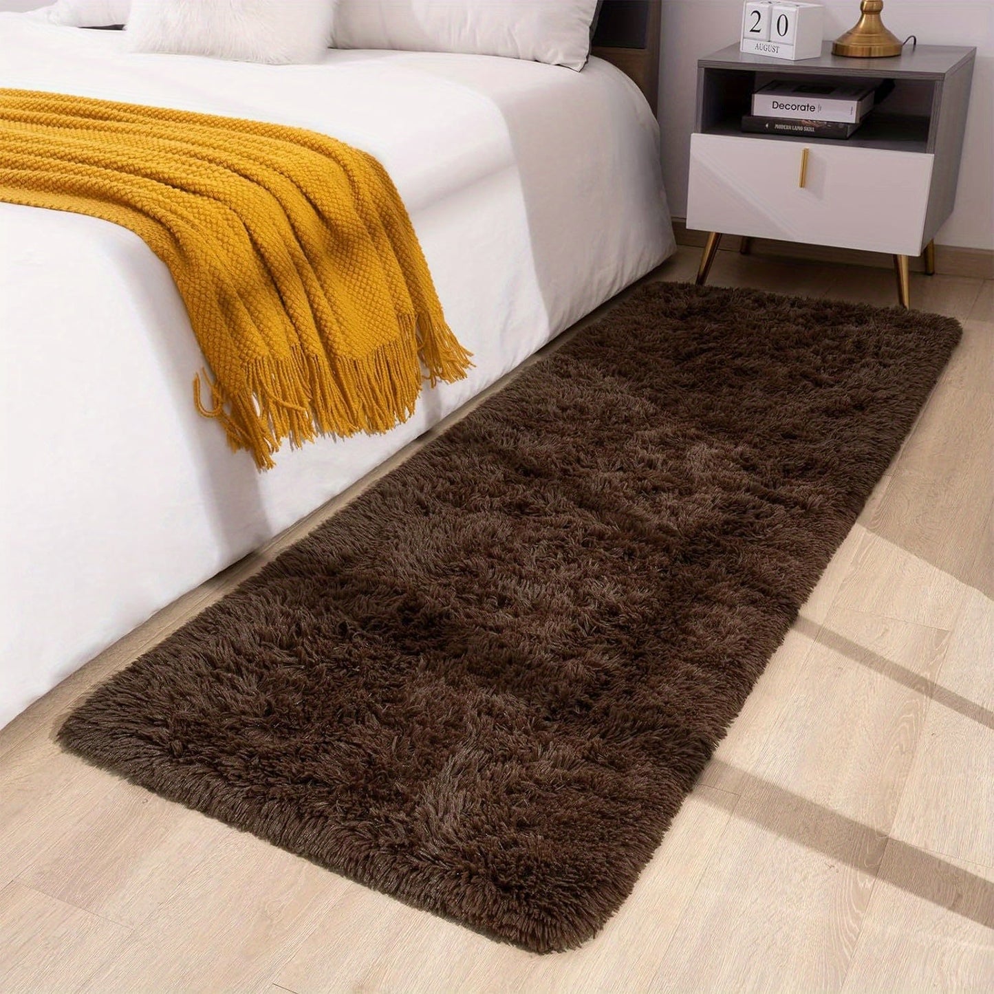 Soft and fluffy long plush silk fleece material carpet rug, featuring a Nordic style light luxury tie-dye design. This rectangle floor carpet has a non-slip bottom and is soft and comfortable with a non-shedding shaggy texture. It is stylish, machine