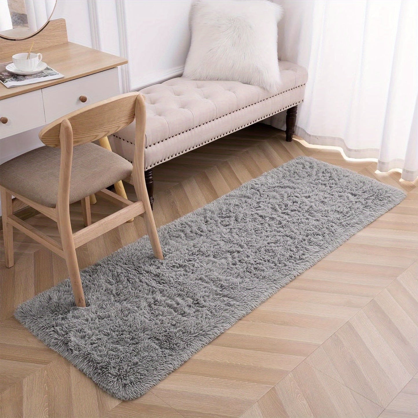 Soft and fluffy long plush silk fleece material carpet rug, featuring a Nordic style light luxury tie-dye design. This rectangle floor carpet has a non-slip bottom and is soft and comfortable with a non-shedding shaggy texture. It is stylish, machine