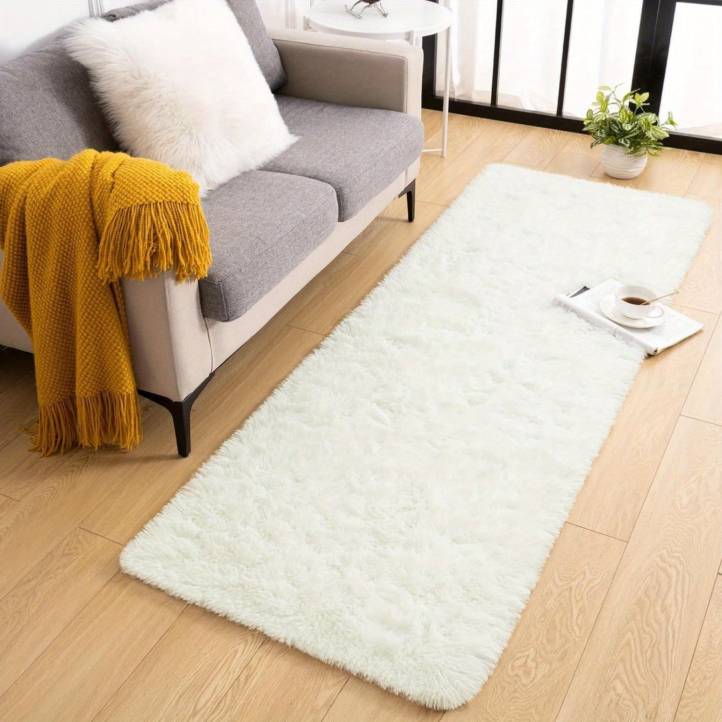 Soft and fluffy long plush silk fleece material carpet rug, featuring a Nordic style light luxury tie-dye design. This rectangle floor carpet has a non-slip bottom and is soft and comfortable with a non-shedding shaggy texture. It is stylish, machine