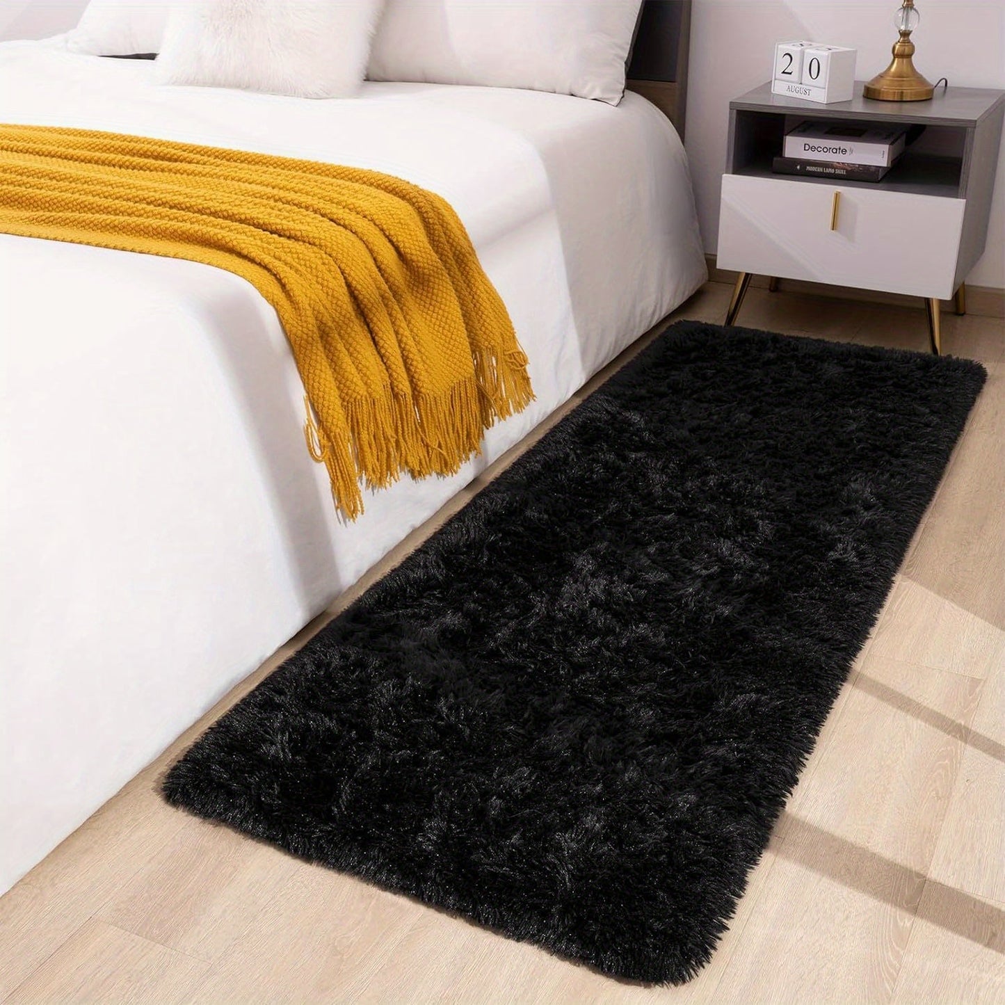 Soft and fluffy long plush silk fleece material carpet rug, featuring a Nordic style light luxury tie-dye design. This rectangle floor carpet has a non-slip bottom and is soft and comfortable with a non-shedding shaggy texture. It is stylish, machine