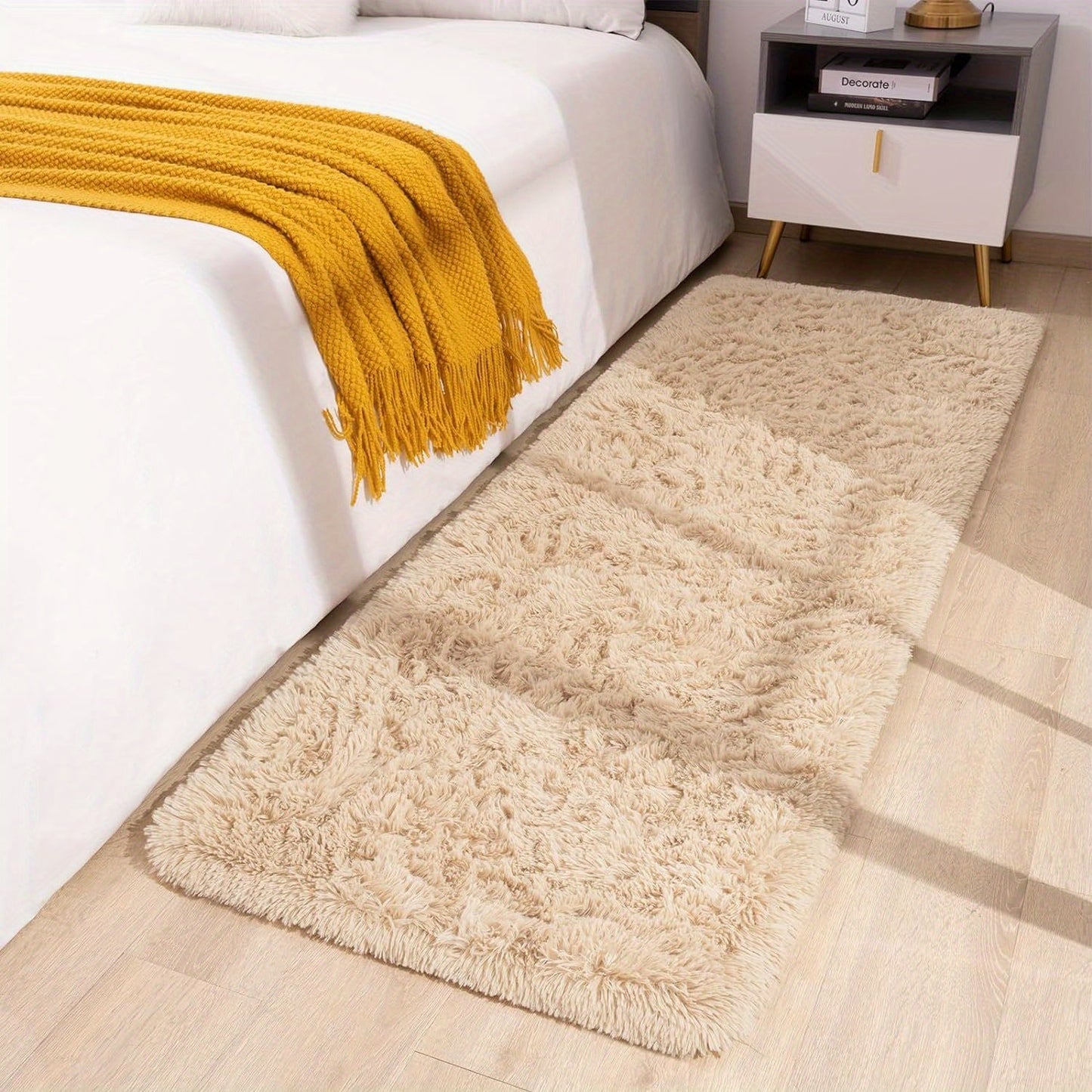 Soft and fluffy long plush silk fleece material carpet rug, featuring a Nordic style light luxury tie-dye design. This rectangle floor carpet has a non-slip bottom and is soft and comfortable with a non-shedding shaggy texture. It is stylish, machine