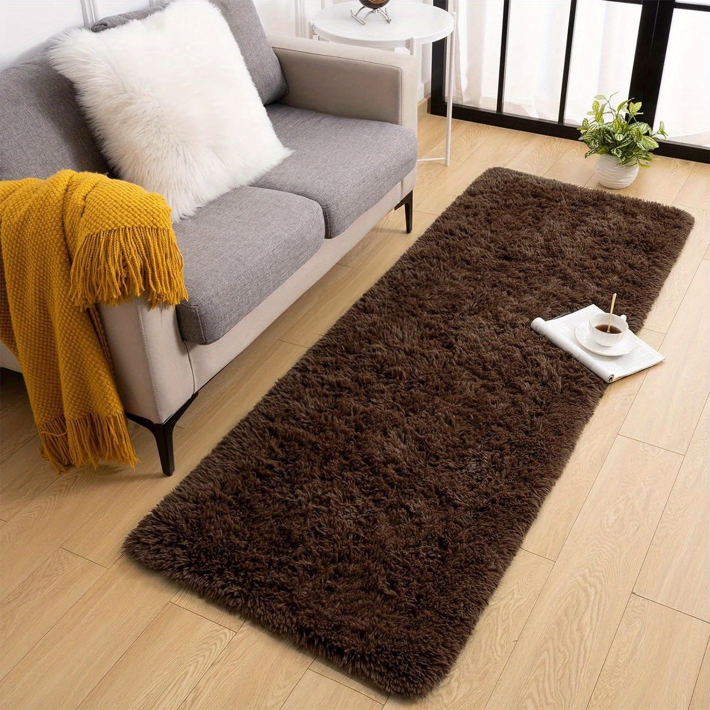 Soft and fluffy long plush silk fleece material carpet rug, featuring a Nordic style light luxury tie-dye design. This rectangle floor carpet has a non-slip bottom and is soft and comfortable with a non-shedding shaggy texture. It is stylish, machine