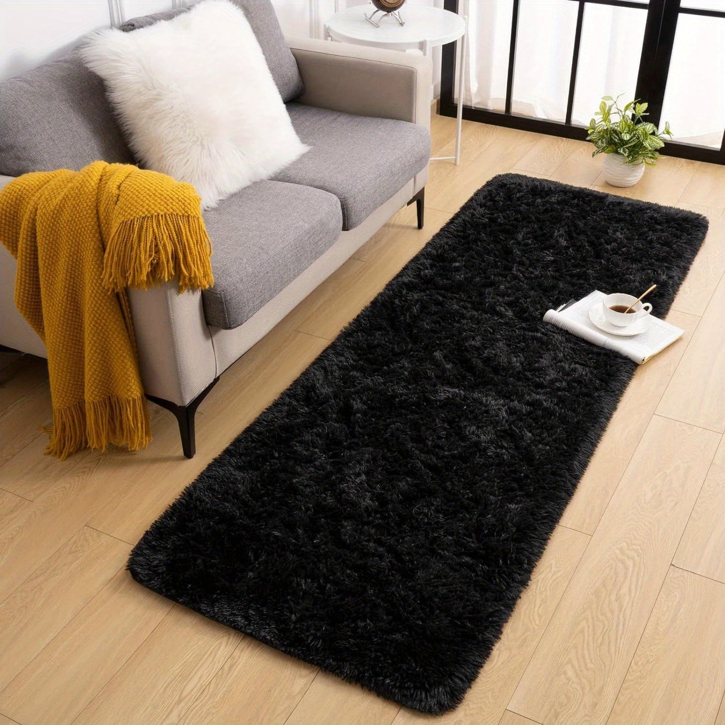 Soft and fluffy long plush silk fleece material carpet rug, featuring a Nordic style light luxury tie-dye design. This rectangle floor carpet has a non-slip bottom and is soft and comfortable with a non-shedding shaggy texture. It is stylish, machine