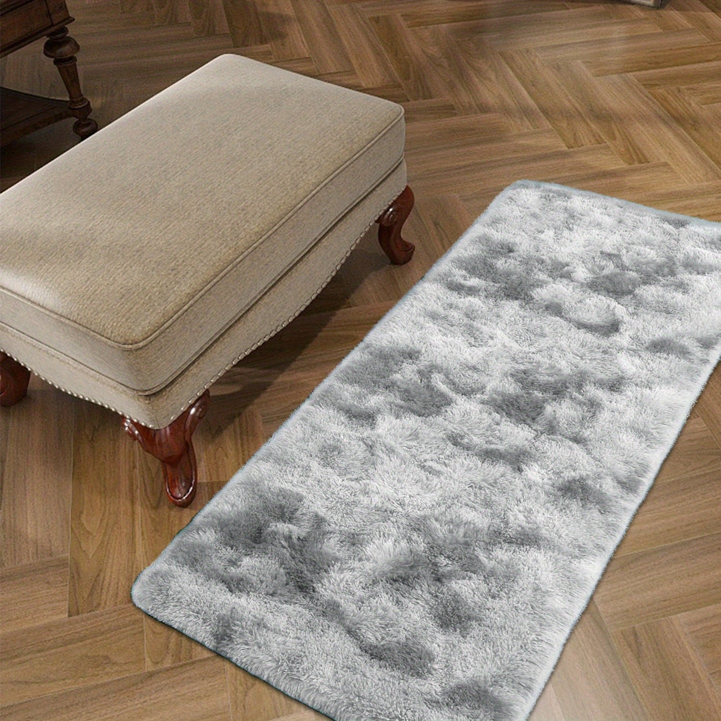 Soft and luxurious long plush silk fleece rectangular carpet rug, featuring a Nordic style design with a tie-dye gradient color scheme. The non-slip bottom ensures safety, while the soft and comfortable shaggy carpet is non-shedding. This stylish machine