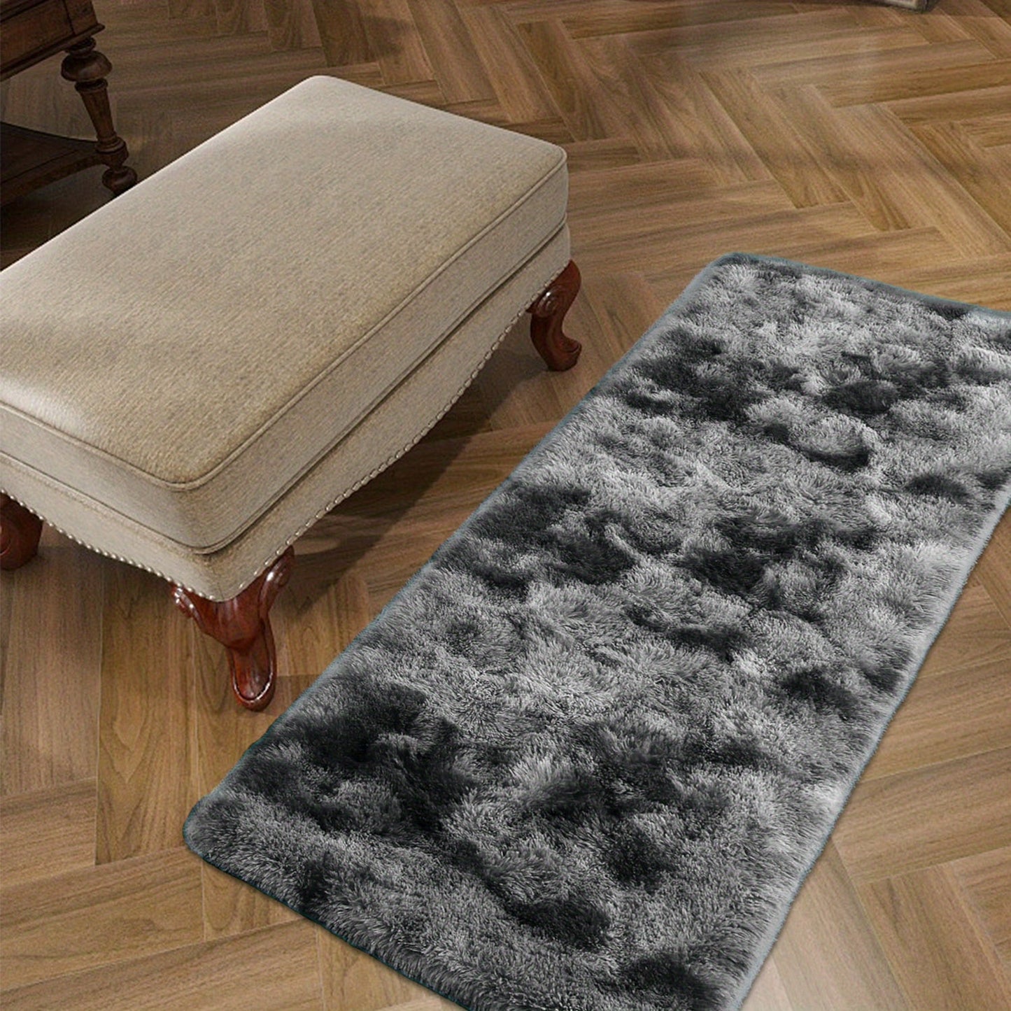 Soft and luxurious long plush silk fleece rectangular carpet rug, featuring a Nordic style design with a tie-dye gradient color scheme. The non-slip bottom ensures safety, while the soft and comfortable shaggy carpet is non-shedding. This stylish machine