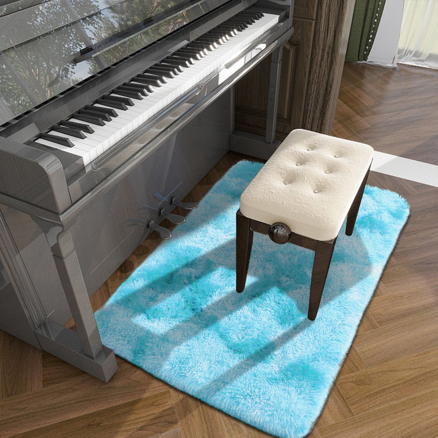 Soft and luxurious long plush silk fleece rectangular carpet rug, featuring a Nordic style design with a tie-dye gradient color scheme. The non-slip bottom ensures safety, while the soft and comfortable shaggy carpet is non-shedding. This stylish machine