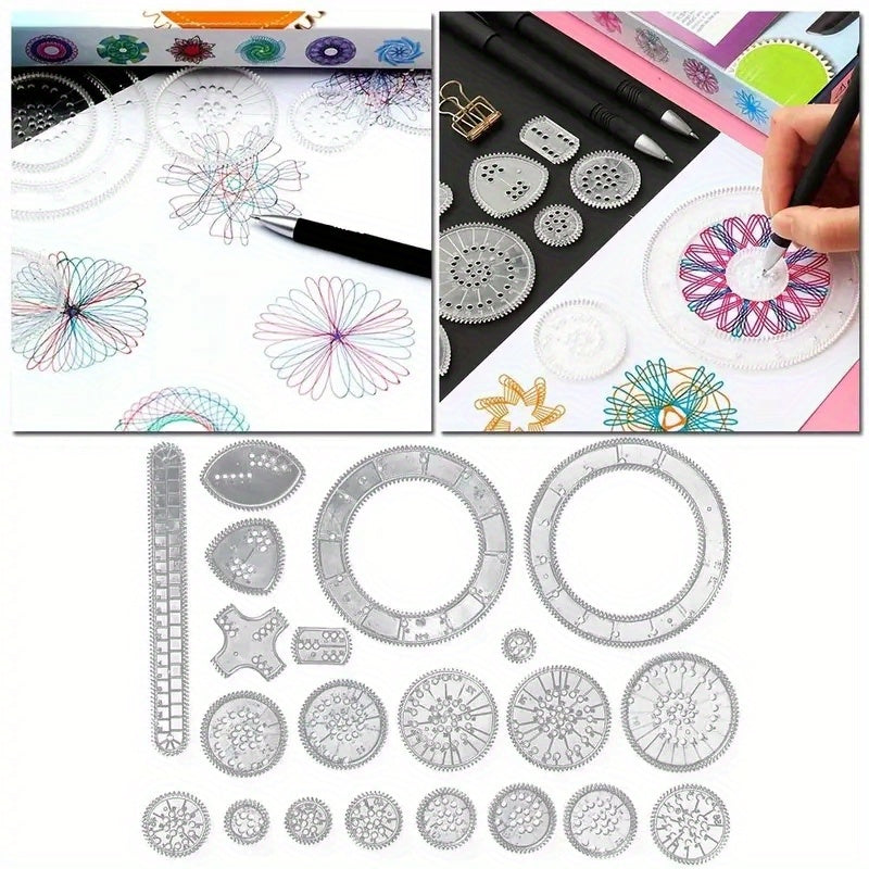 22pc Professional Ruler Set for creating spiral diagrams with transparent magic templates.