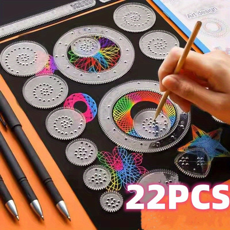 22pc Professional Ruler Set for creating spiral diagrams with transparent magic templates.