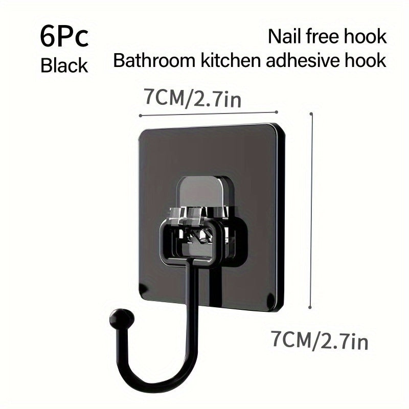 6 Heavy Duty Wall Hooks for hanging coats, hats, towels, keys and other items. Self-adhesive and waterproof, suitable for bathrooms, kitchens, and toilets. Household utility hook accessories.