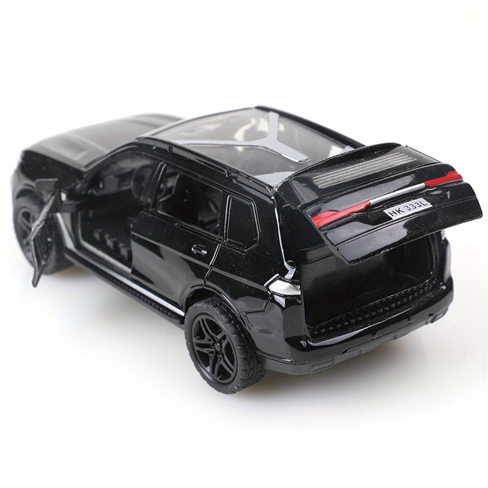 Stylish black alloy car model with opening doors and pull-back action - perfect gift for car enthusiasts and home decor. No batteries required.