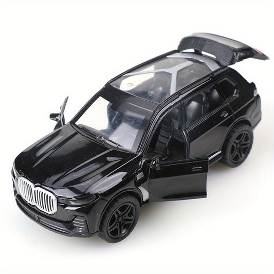 Stylish black alloy car model with opening doors and pull-back action - perfect gift for car enthusiasts and home decor. No batteries required.