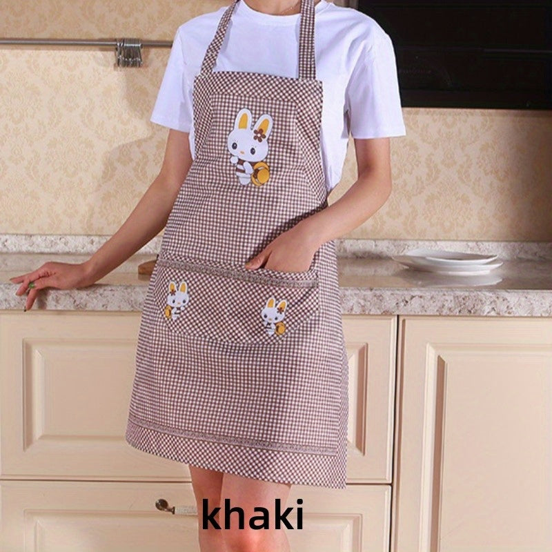 Adjustable blue & white checkered apron with cute rabbit design. Features pockets and is made of oil & dirt resistant polyester, suitable for chefs, gardening, cooking and baking. Lightweight.