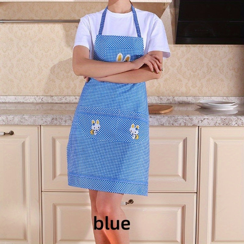 Adjustable blue & white checkered apron with cute rabbit design. Features pockets and is made of oil & dirt resistant polyester, suitable for chefs, gardening, cooking and baking. Lightweight.