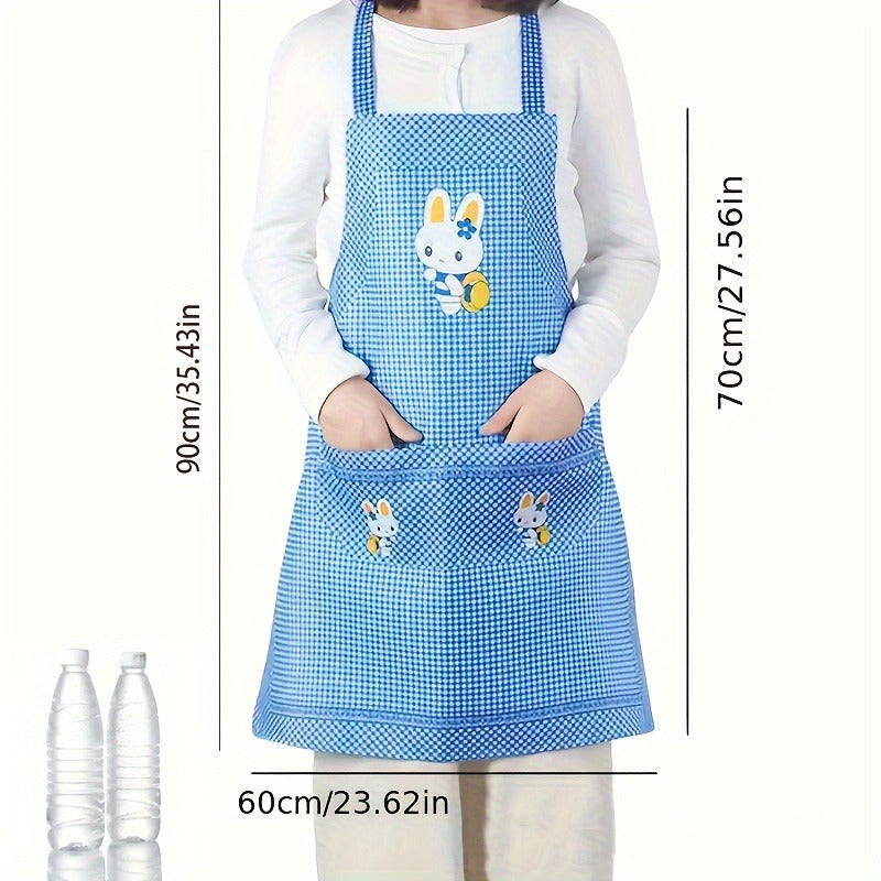 Adjustable blue & white checkered apron with cute rabbit design. Features pockets and is made of oil & dirt resistant polyester, suitable for chefs, gardening, cooking and baking. Lightweight.