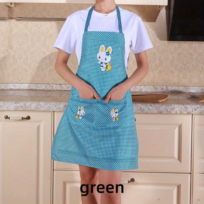 Adjustable blue & white checkered apron with cute rabbit design. Features pockets and is made of oil & dirt resistant polyester, suitable for chefs, gardening, cooking and baking. Lightweight.