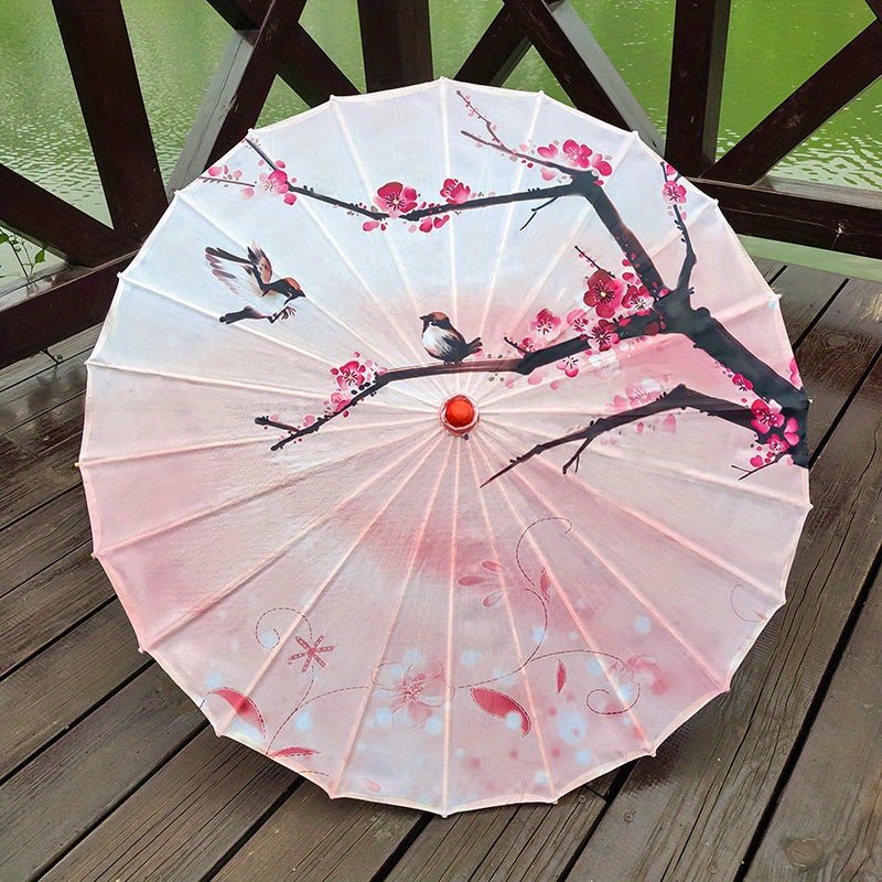 Chinese Flowers Parasol Umbrella with Cherry Blossom Sakura Floral Bamboo Handle for Sun and Rain Protection, Ideal for Weddings and Parties.