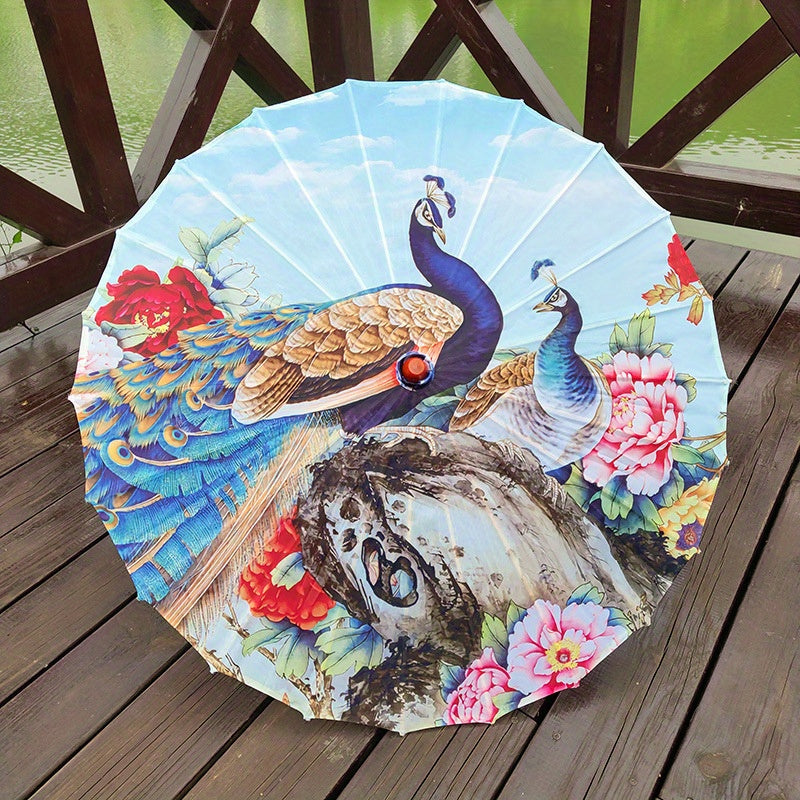 Chinese Flowers Parasol Umbrella with Cherry Blossom Sakura Floral Bamboo Handle for Sun and Rain Protection, Ideal for Weddings and Parties.