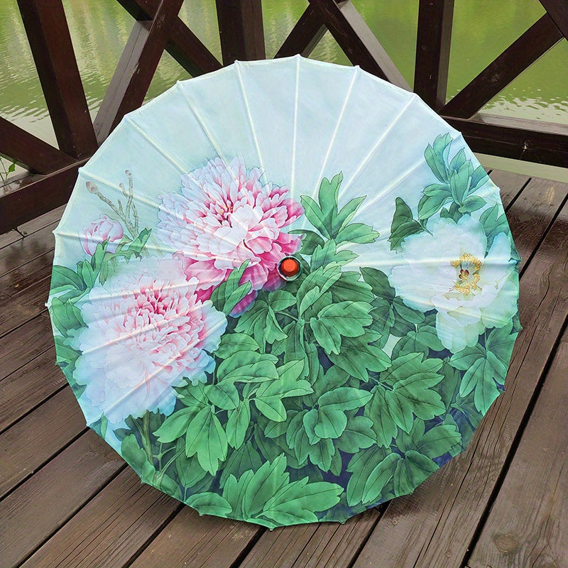 Chinese Flowers Parasol Umbrella with Cherry Blossom Sakura Floral Bamboo Handle for Sun and Rain Protection, Ideal for Weddings and Parties.