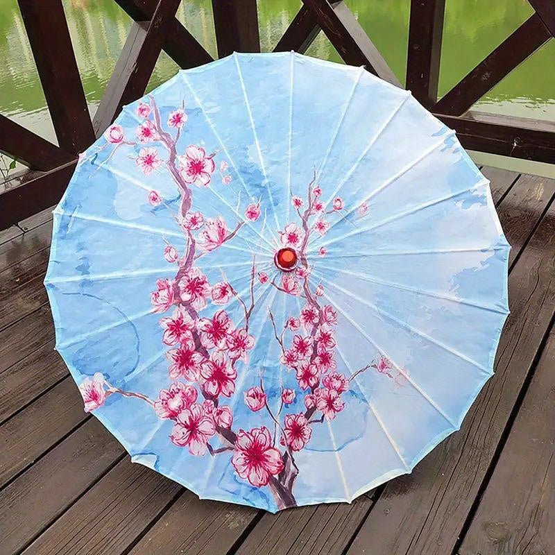 Chinese Flowers Parasol Umbrella with Cherry Blossom Sakura Floral Bamboo Handle for Sun and Rain Protection, Ideal for Weddings and Parties.