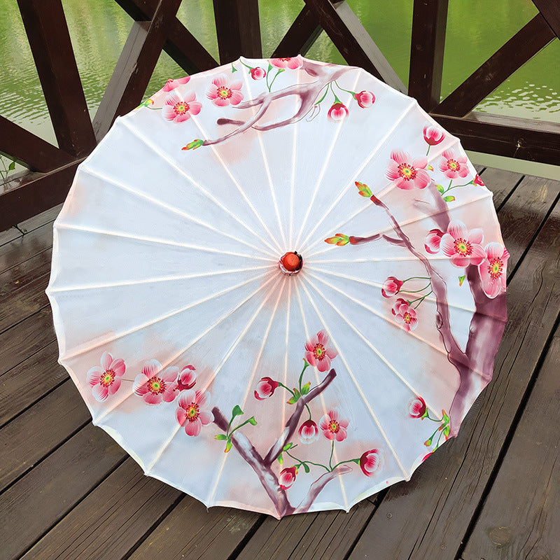 Chinese Flowers Parasol Umbrella with Cherry Blossom Sakura Floral Bamboo Handle for Sun and Rain Protection, Ideal for Weddings and Parties.