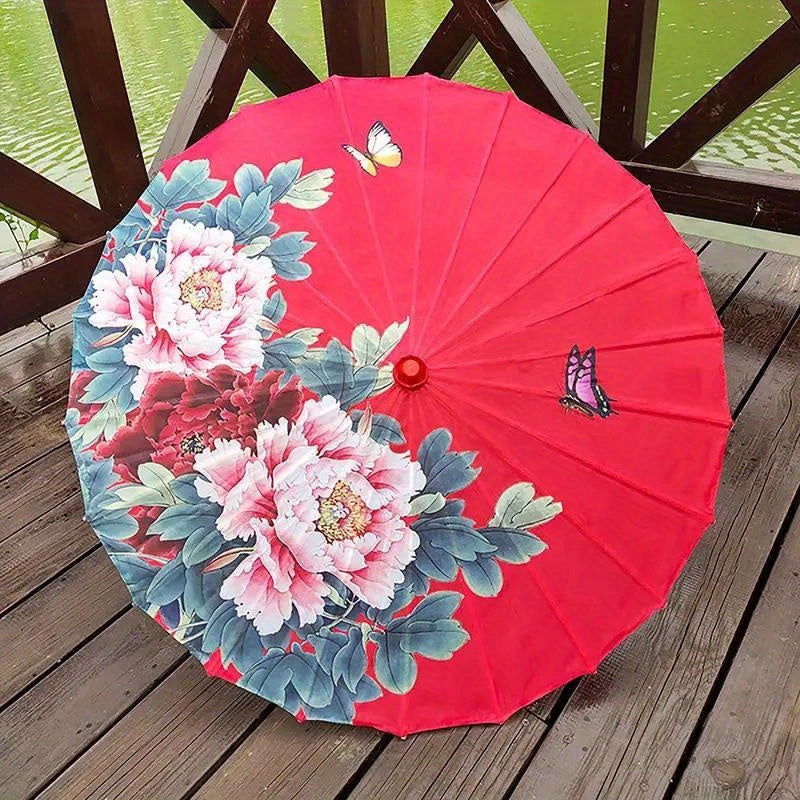 Chinese Flowers Parasol Umbrella with Cherry Blossom Sakura Floral Bamboo Handle for Sun and Rain Protection, Ideal for Weddings and Parties.