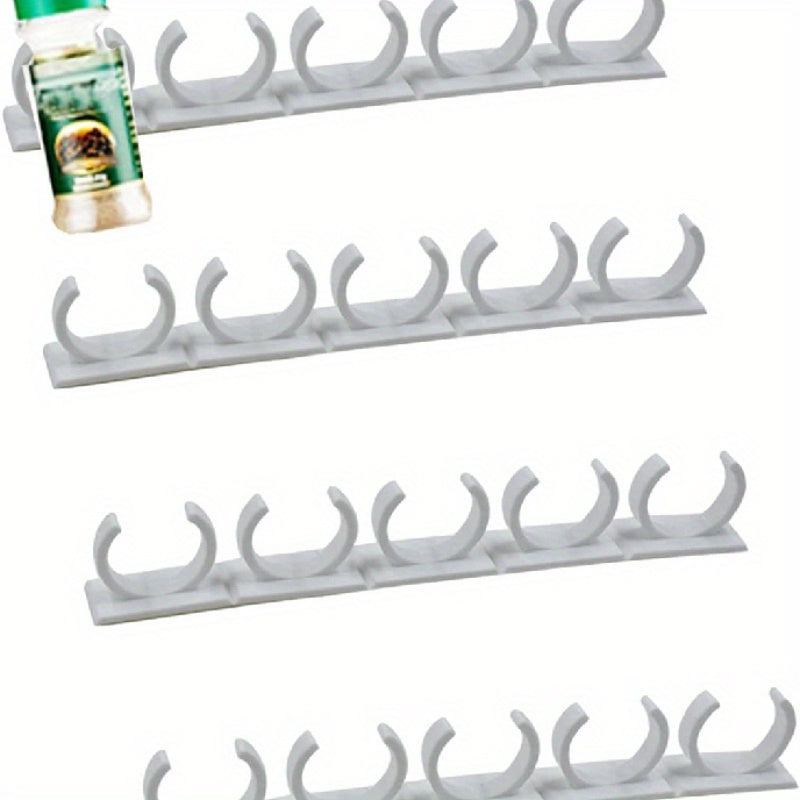 Wall-mounted kitchen seasoning jar rack with 20 clip seasoning clips. This storage rack holds 4pcs of seasoning jars and bottles, can be mounted on cabinets or doors using tape.