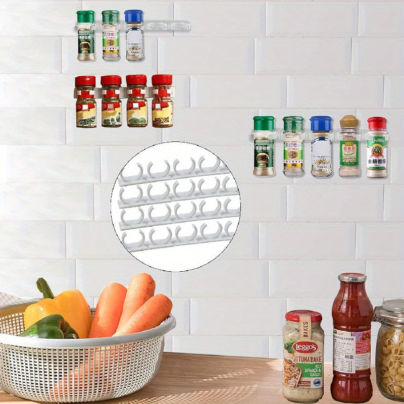 Wall-mounted kitchen seasoning jar rack with 20 clip seasoning clips. This storage rack holds 4pcs of seasoning jars and bottles, can be mounted on cabinets or doors using tape.