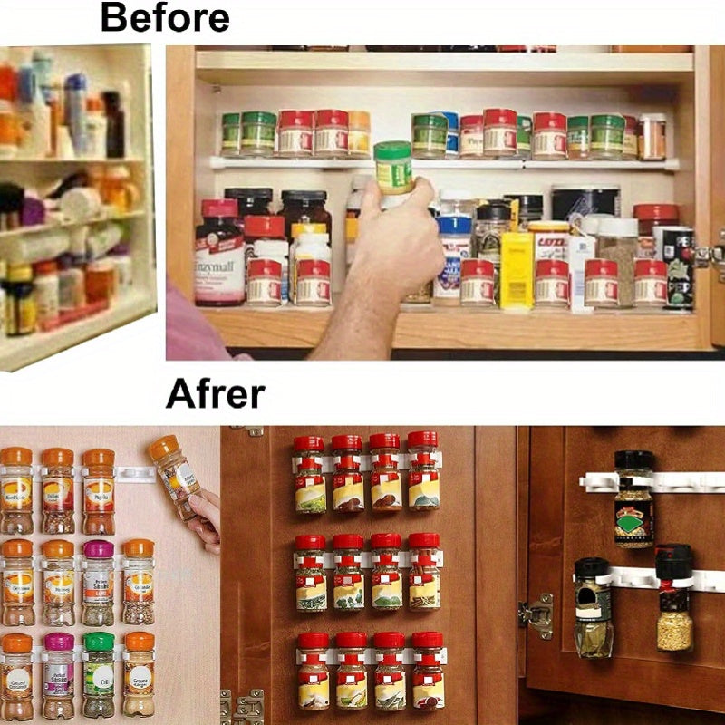 Wall-mounted kitchen seasoning jar rack with 20 clip seasoning clips. This storage rack holds 4pcs of seasoning jars and bottles, can be mounted on cabinets or doors using tape.